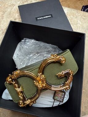 Dolce & Gabbana Olive Green Belt with Ornate Gold DG Buckle